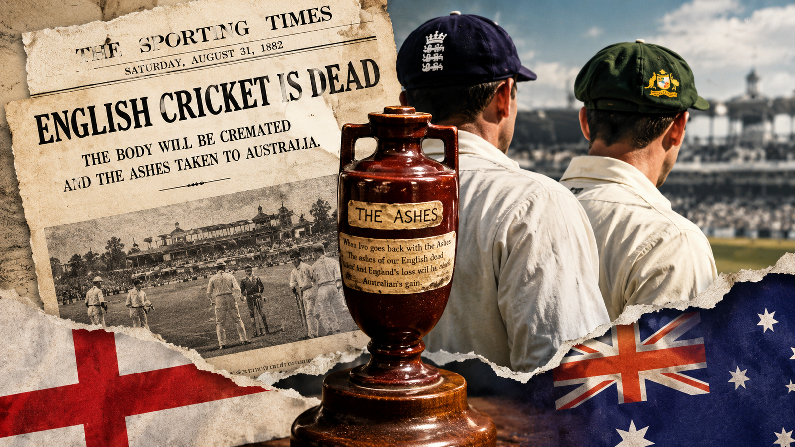 The Ashes urn symbolising the historic England vs Australia Test cricket rivalry, originating from the famous 1882 newspaper obituary.