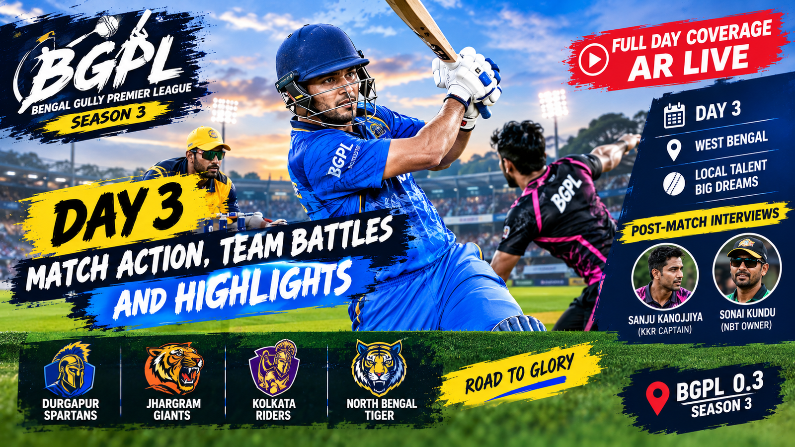 Bengal Gully Premier League Season 3 Day 3 cricket action featuring Durgapur Spartans, Jhargram Giants, Kolkata Riders and North Bengal Tiger.