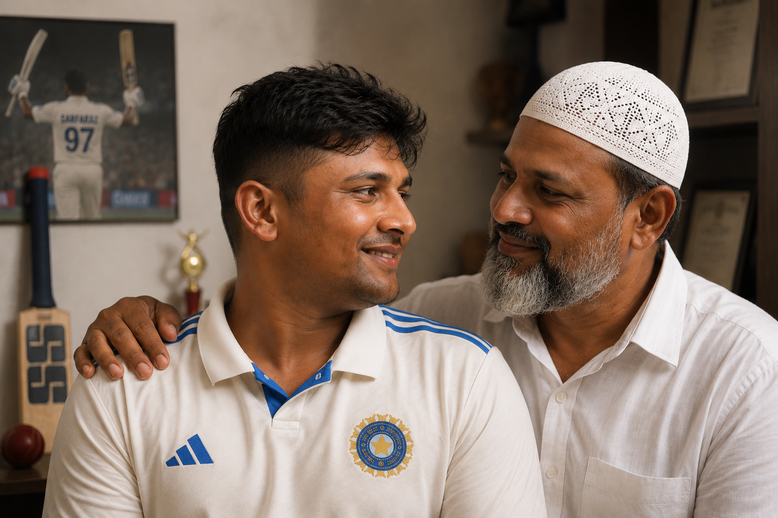 Sarfaraz Khan celebrates his return to India’s Test squad with father Naushad Khan