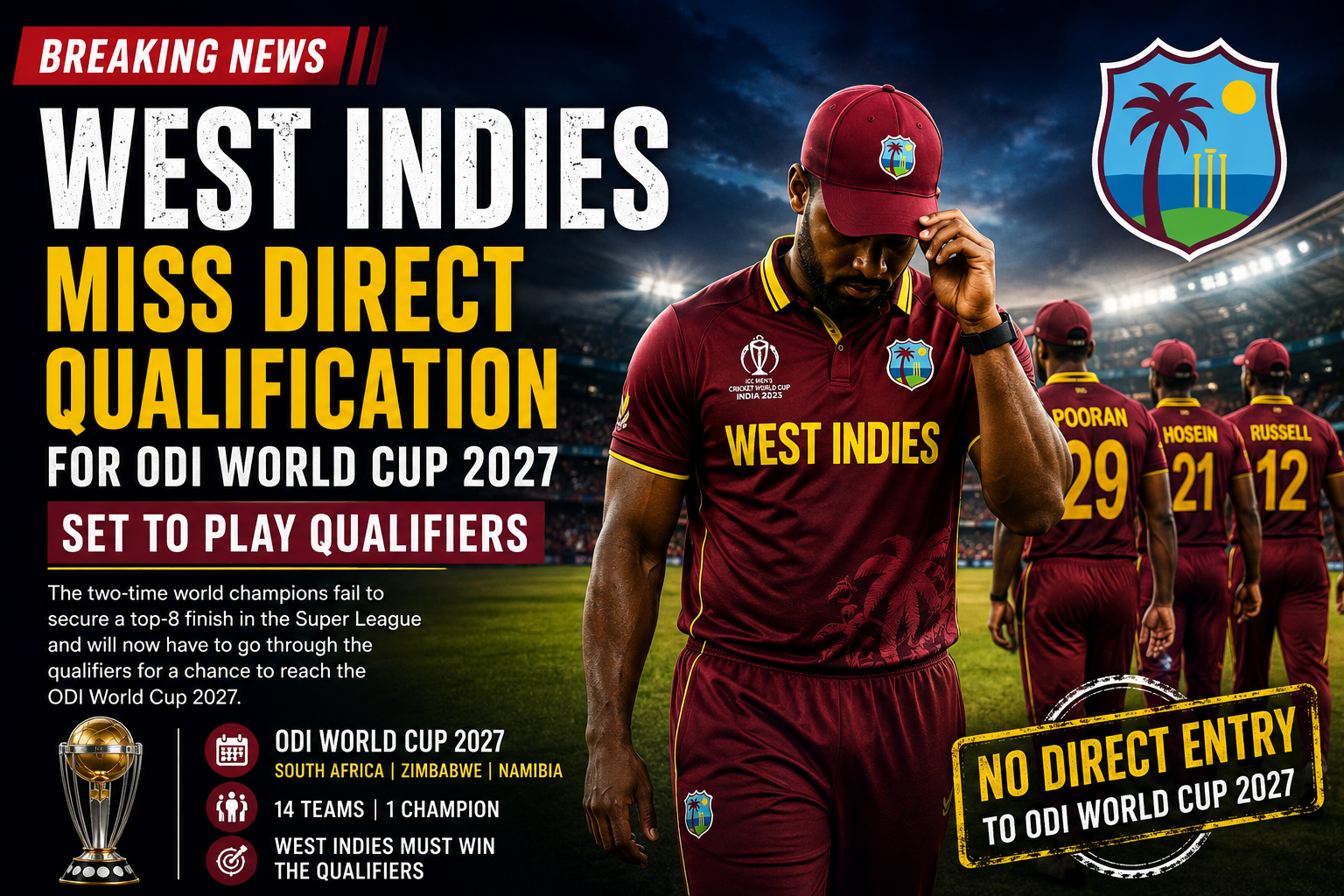 West Indies cricket team faces World Cup 2027 qualification challenge after missing direct qualification.