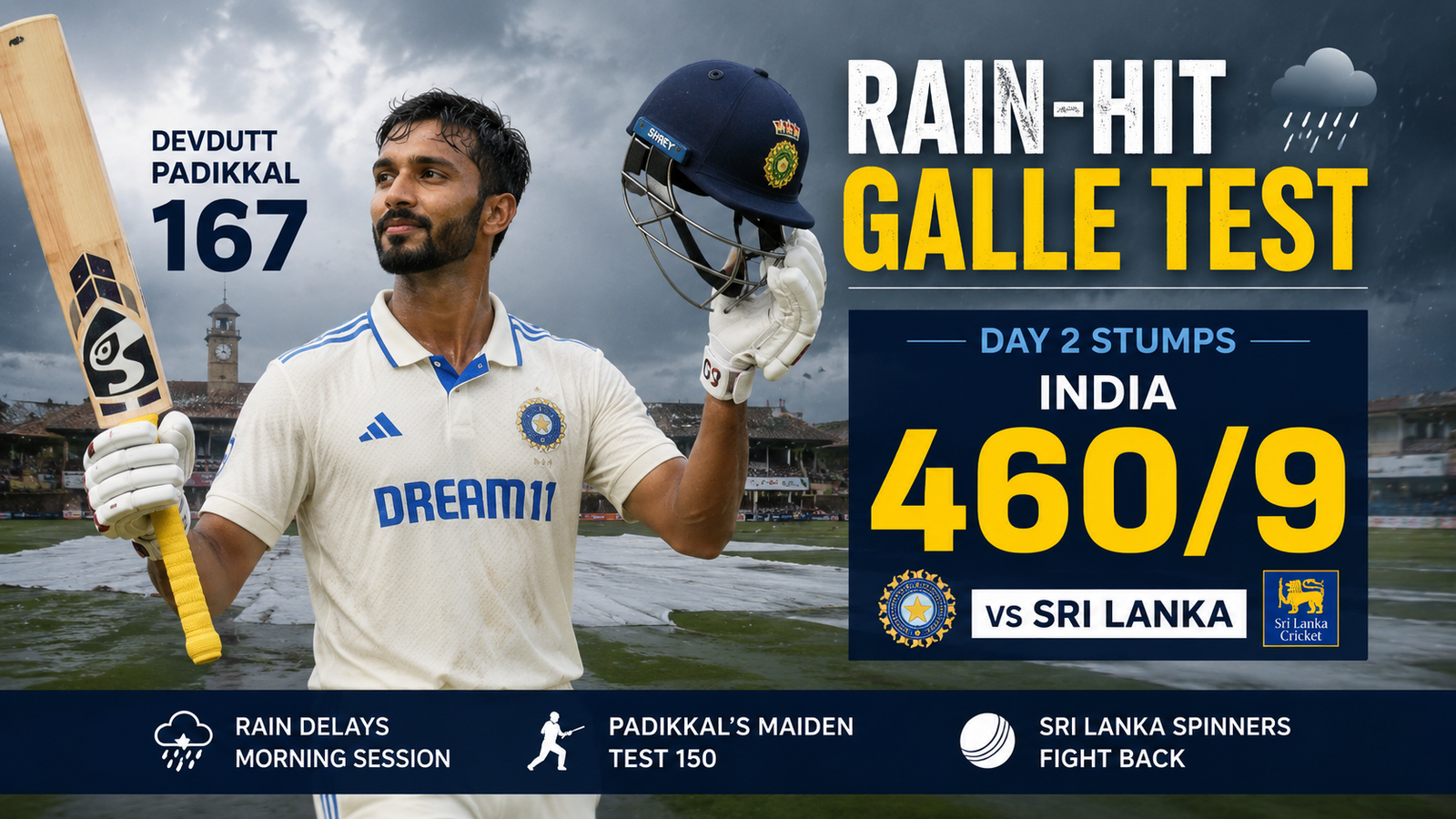 Devdutt Padikkal celebrates his 167 during India's rain-hit first Test against Sri Lanka in Galle
