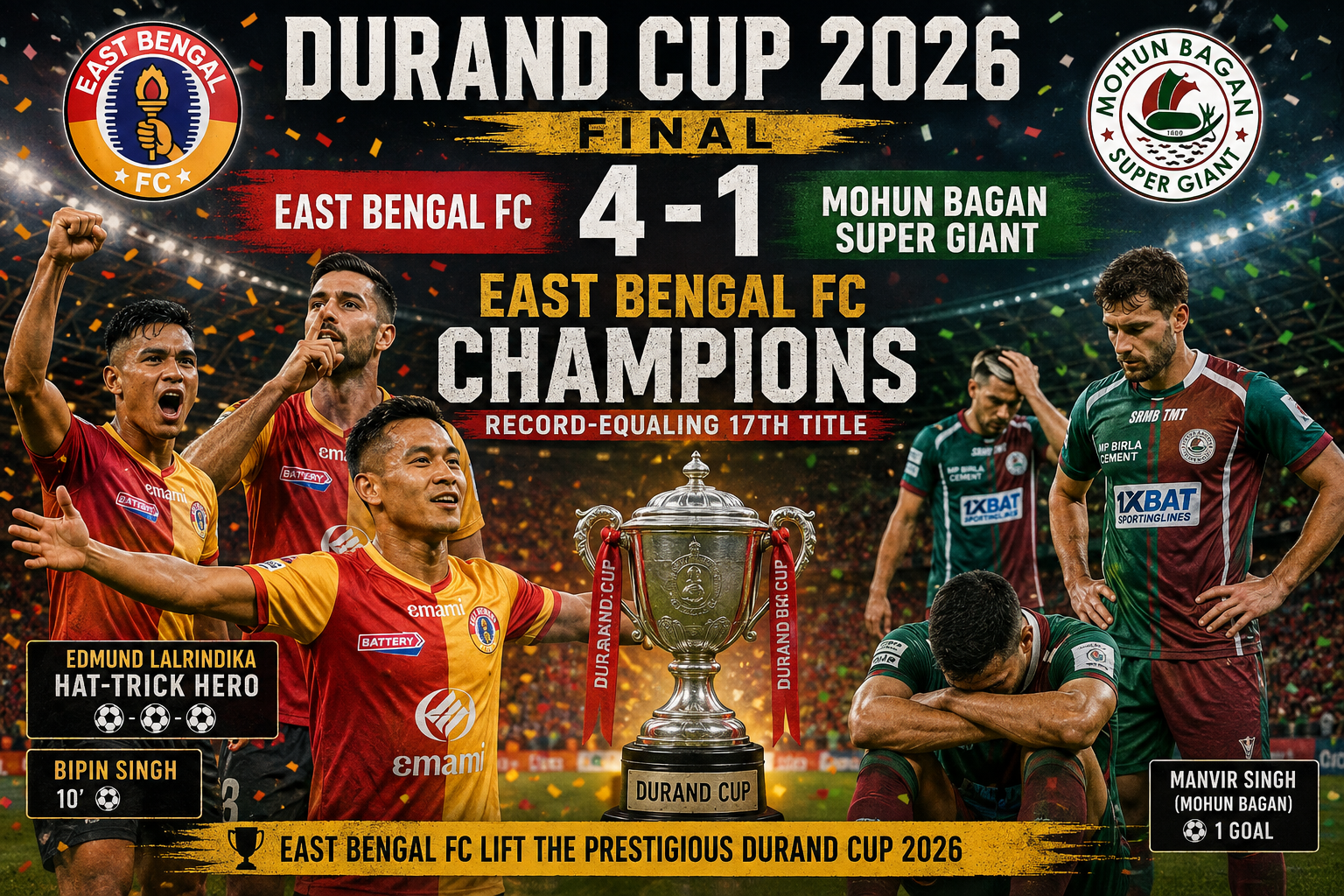 East Bengal Thrash Mohun Bagan 4-1 to Win Durand Cup 2026 as Edmund Lalrindika Creates Derby History