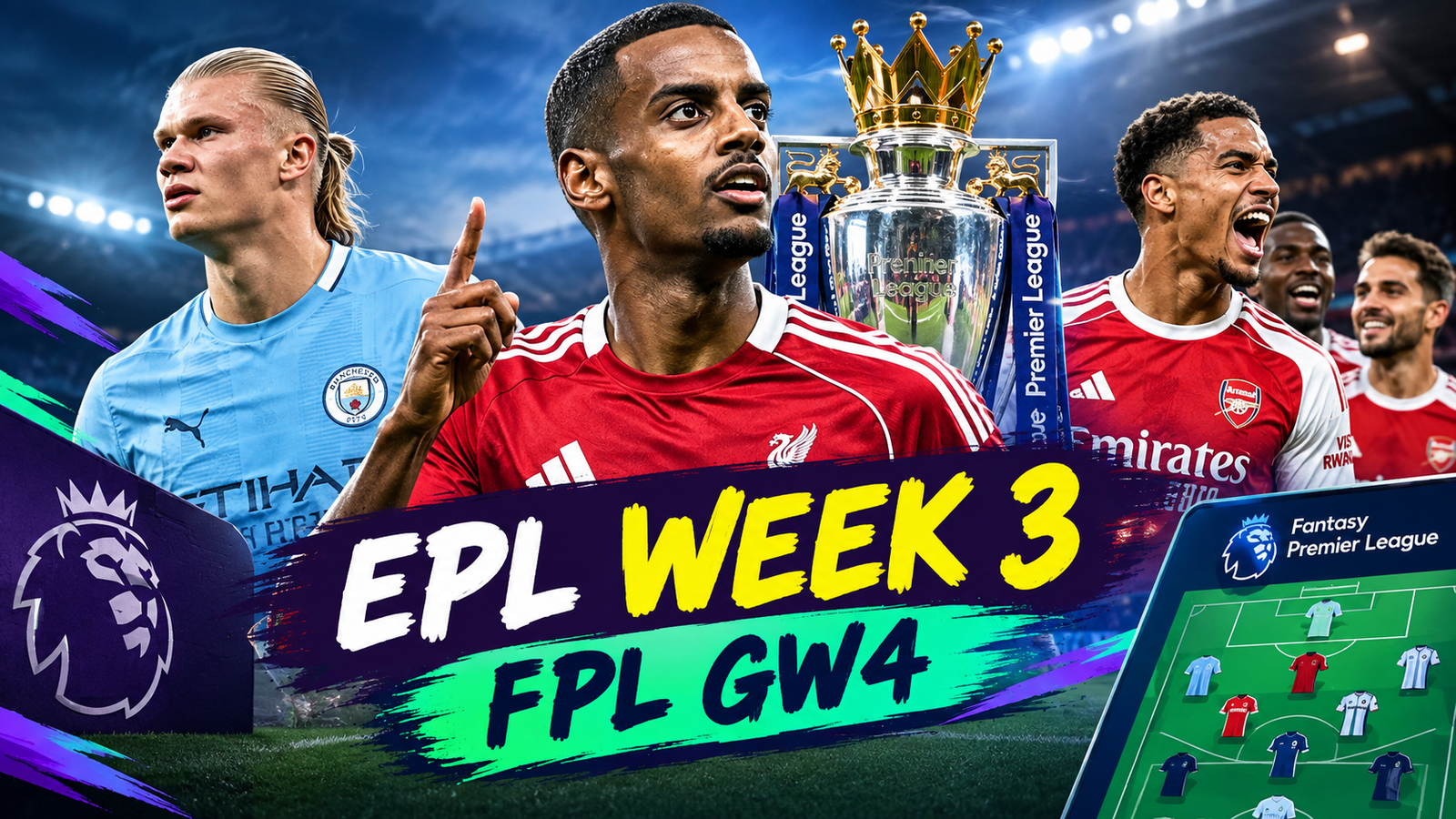 EPL Week 3 Premier League graphic featuring Erling Haaland, Liverpool’s Alexander Isak, Arsenal players, the Premier League trophy and FPL Gameweek 4.