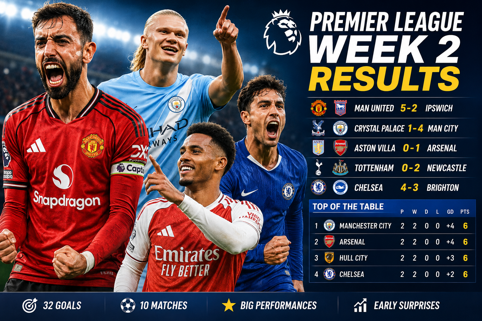 Premier League Week 2 results graphic featuring Bruno Fernandes, Erling Haaland, Arsenal and Chelsea players, with key scores and the early 2026/27 Premier League points table.
