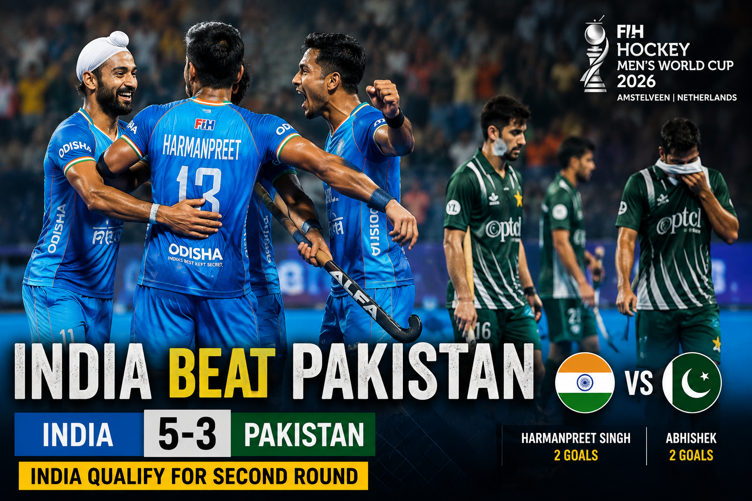 India hockey players celebrate after defeating Pakistan 5-3 in the 2026 Hockey World Cup