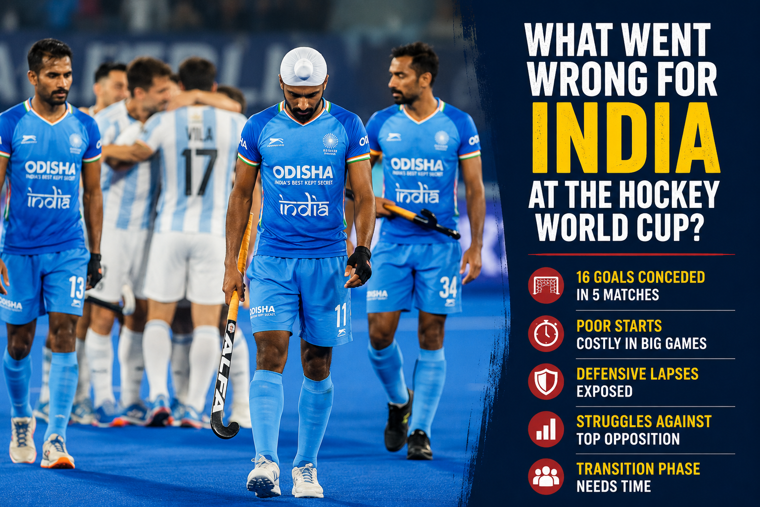 Indian men's hockey team after their 2026 Hockey World Cup defeat to Argentina