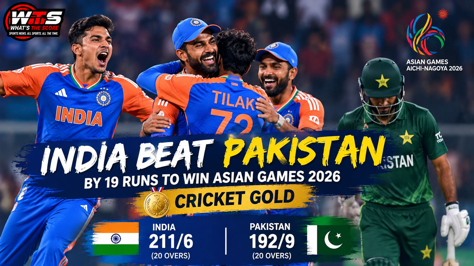 India players celebrate after beating Pakistan by 19 runs to win the Asian Games 2026 men's cricket gold medal in Nisshin, Japan