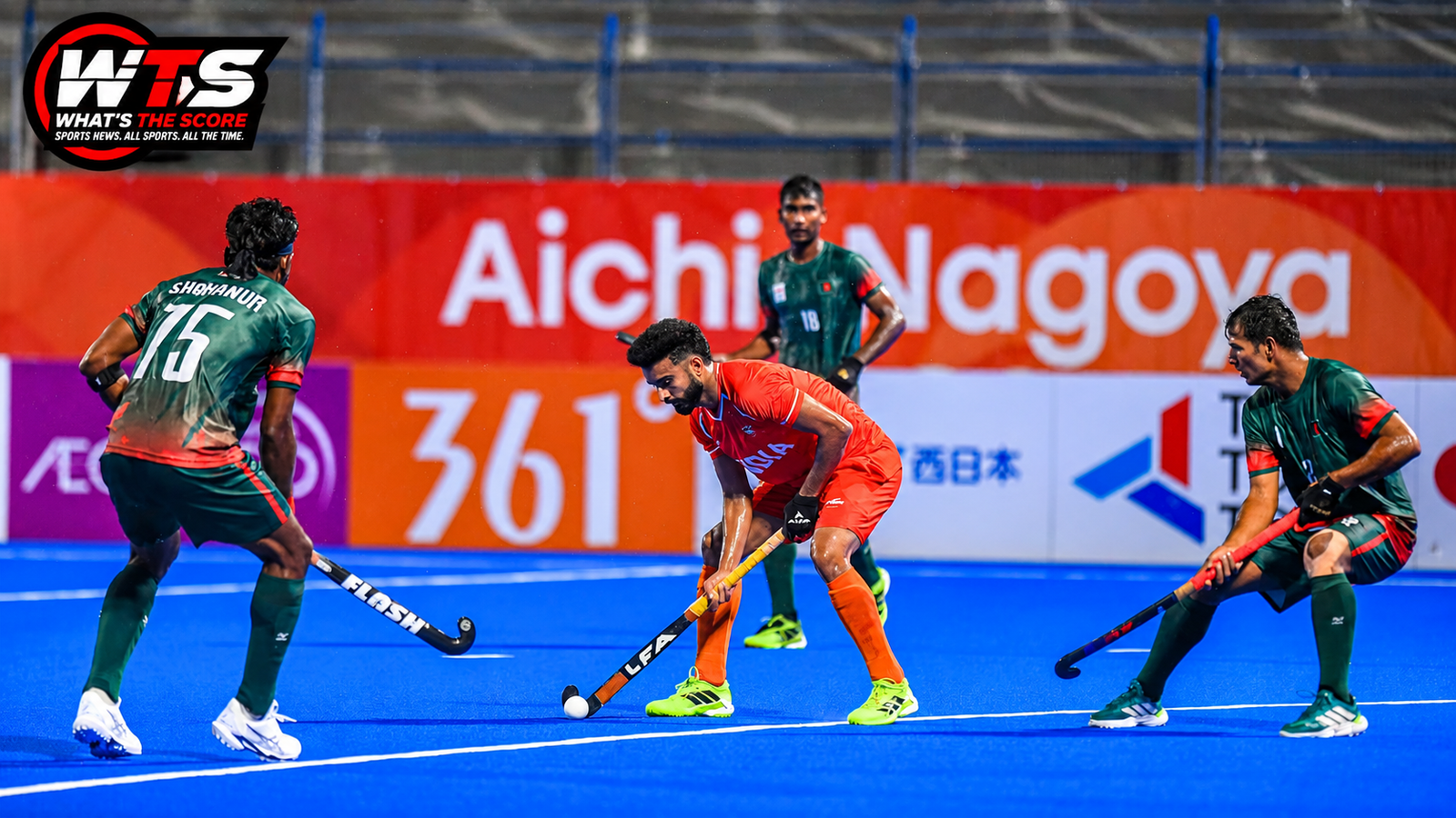 India men's hockey players celebrate after beating Pakistan 4-3 in the Asian Games 2026 semi-final at Kakamigahara, Japan