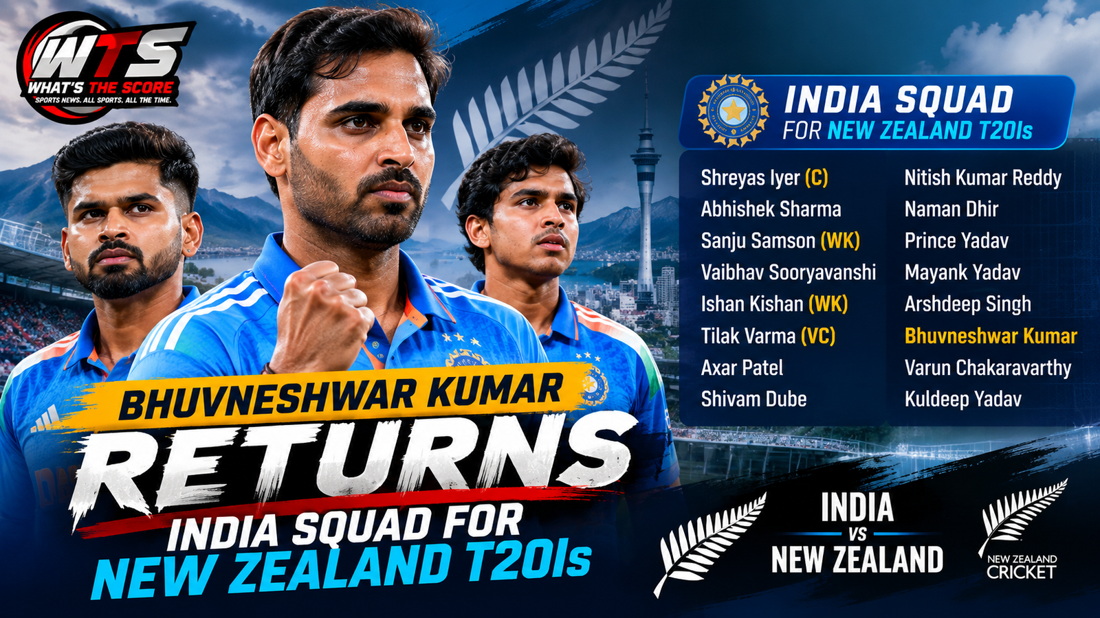Bhuvneshwar Kumar returns to India's T20I squad for the five-match New Zealand series in 2026 under captain Shreyas Iyer