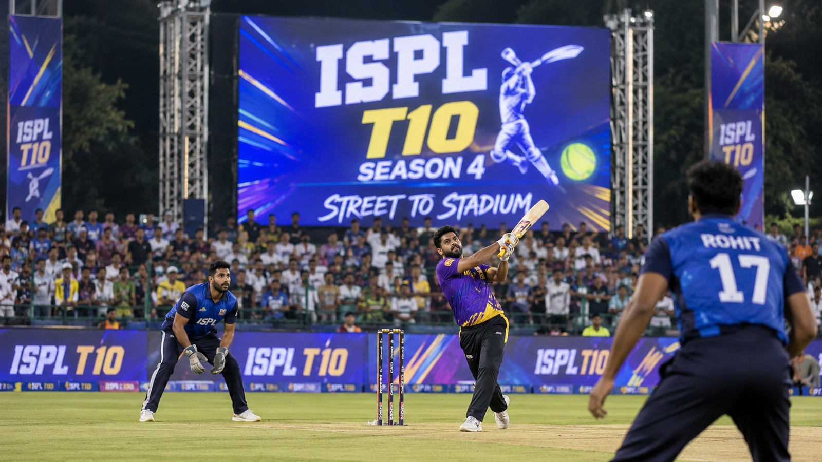 ISPL T10 Season 4 Indian Street Premier League featuring eight franchise teams, grassroots tennis-ball cricket players and the Street to Stadium cricket competition in India.