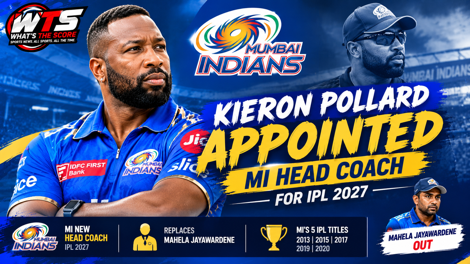 Kieron Pollard appointed Mumbai Indians head coach for IPL 2027, replacing Mahela Jayawardene ahead of the new Indian Premier League season.