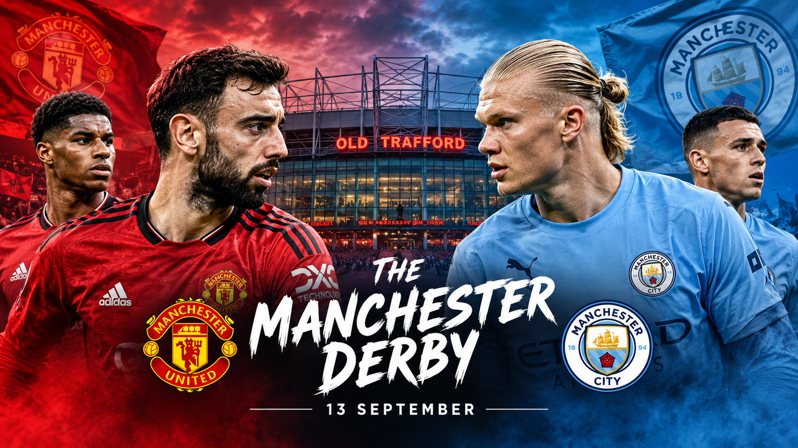 Manchester United and Manchester City players face off ahead of the Manchester Derby at Old Trafford on September 13 2026