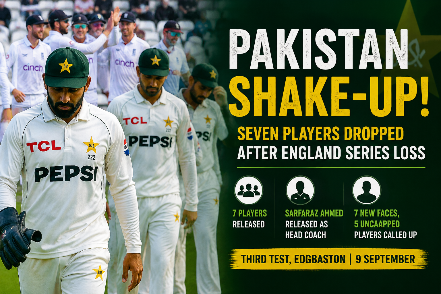 Pakistan cricket team shake-up after England Test series loss, with seven players dropped and Sarfaraz Ahmed released as head coach.