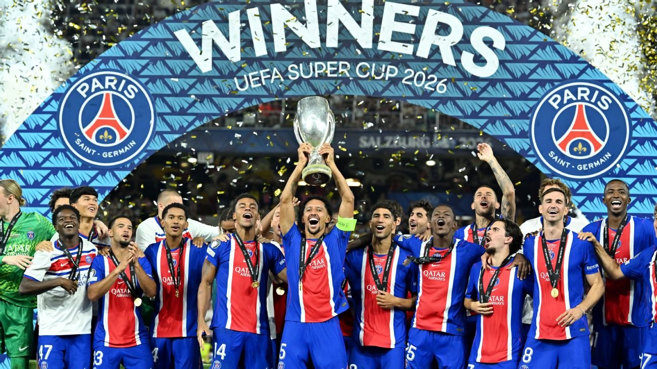 PSG players celebrate after defeating Aston Villa 2-1 in the UEFA Super Cup as Désiré Doué scores the winning goal