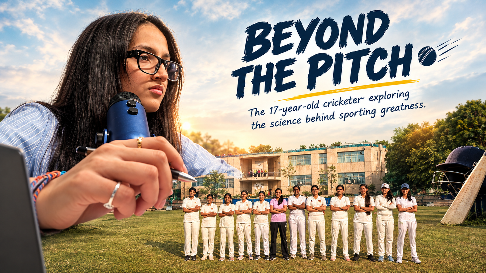 Rishika Abrol, a young Indian female cricketer and founder of the Beyond the Pitch sports-science podcast, pursuing cricket and science in Delhi.