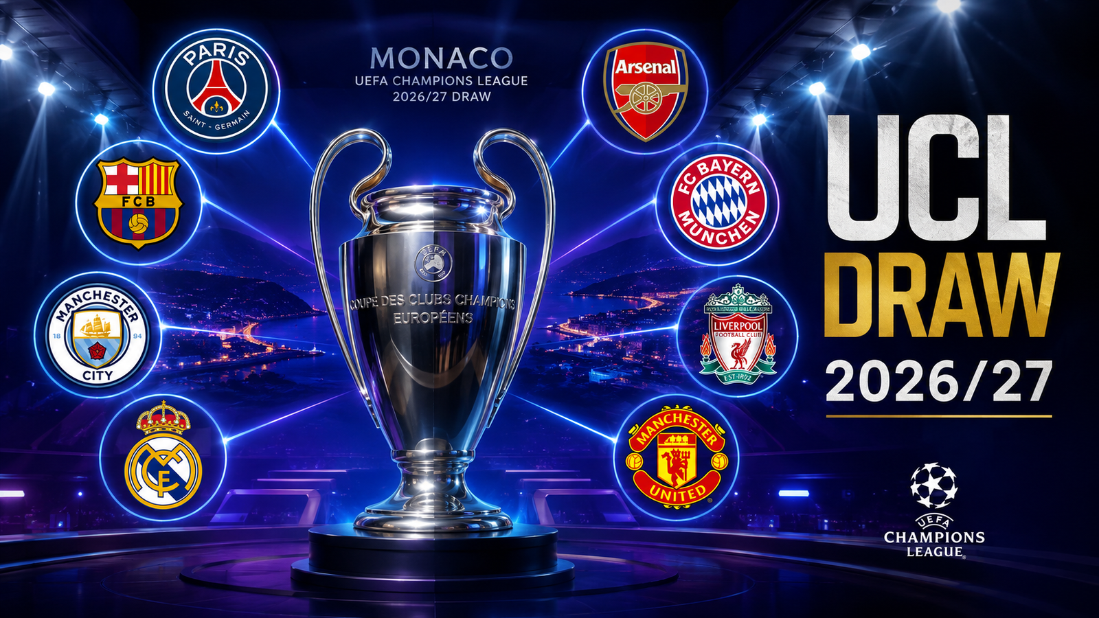 2026/27 UEFA Champions League draw graphic featuring the trophy surrounded by PSG, Barcelona, Manchester City, Real Madrid, Arsenal, Bayern Munich, Liverpool and Manchester United, with “UCL Draw 2026/27”