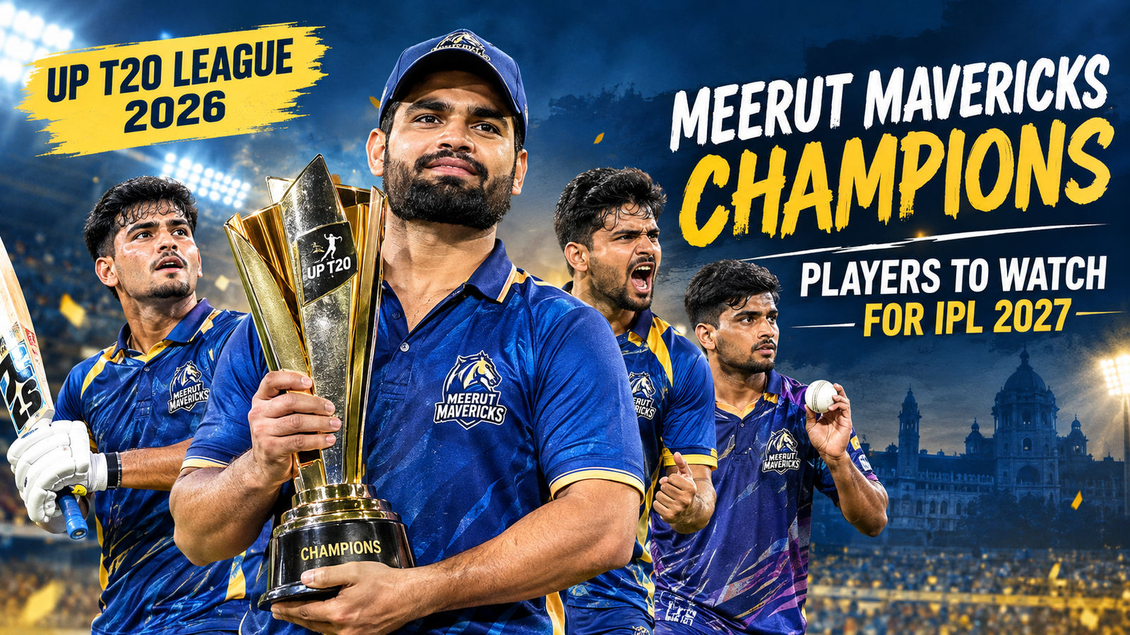 Meerut Mavericks celebrate winning the UP T20 League 2026 title, with Rinku Singh holding the trophy and players highlighted as potential IPL 2027 stars.