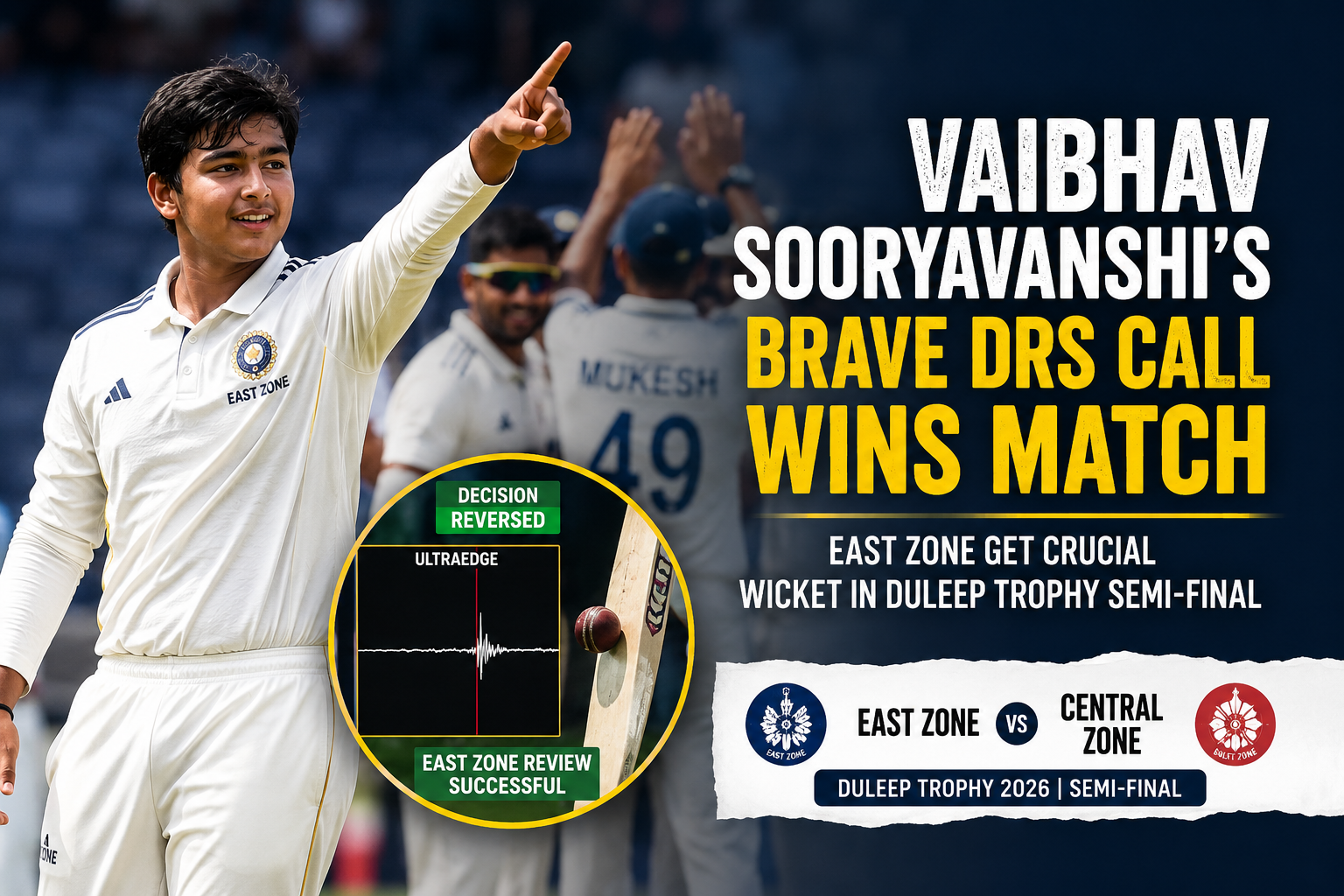 Vaibhav Sooryavanshi makes a brave DRS call as East Zone captain, leading to Aryan Juyal’s crucial dismissal in the Duleep Trophy 2026 semi-final
