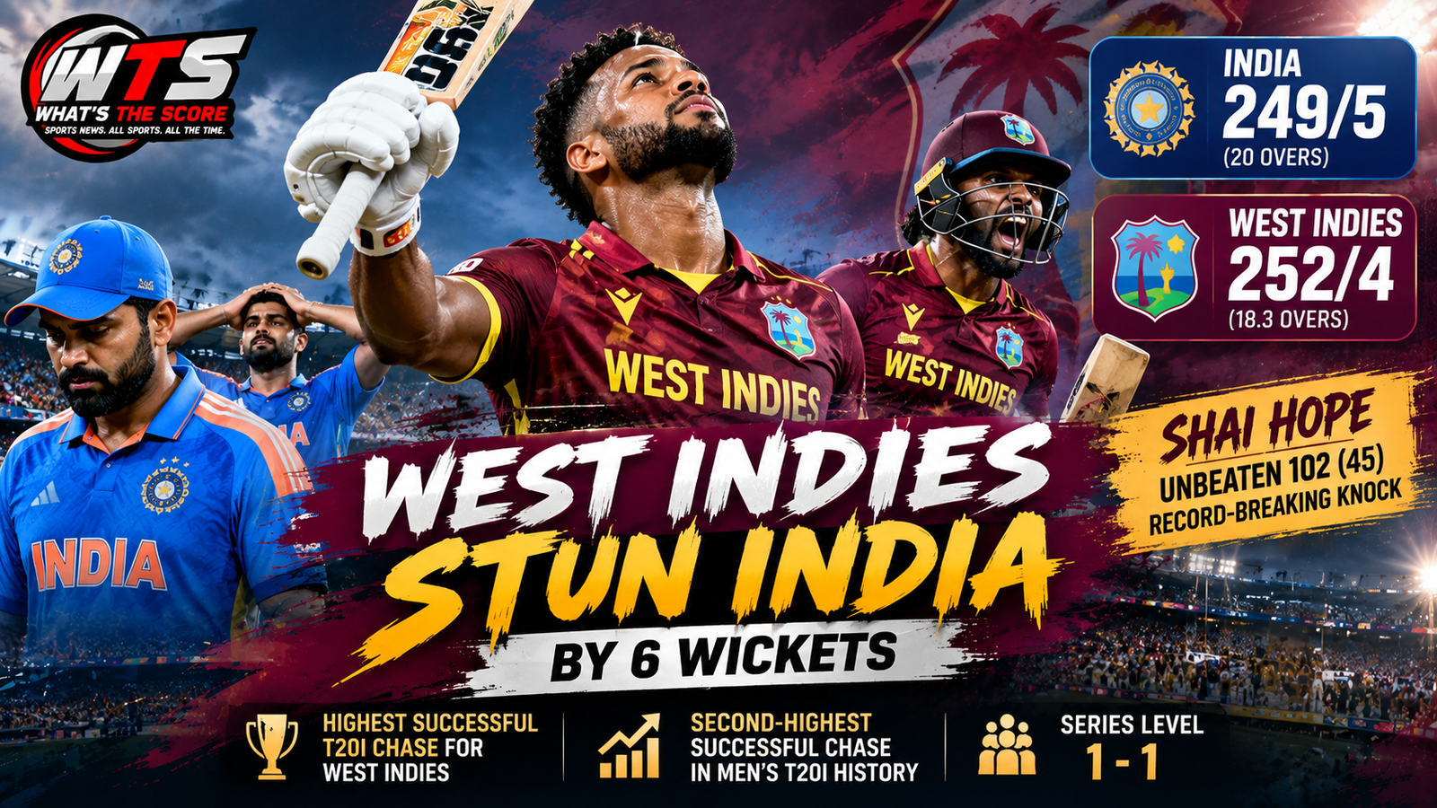 Shai Hope celebrates his unbeaten 102 as West Indies defeat India by six wickets in a record-breaking 250-run chase during the second T20I in Ranchi in 2026.