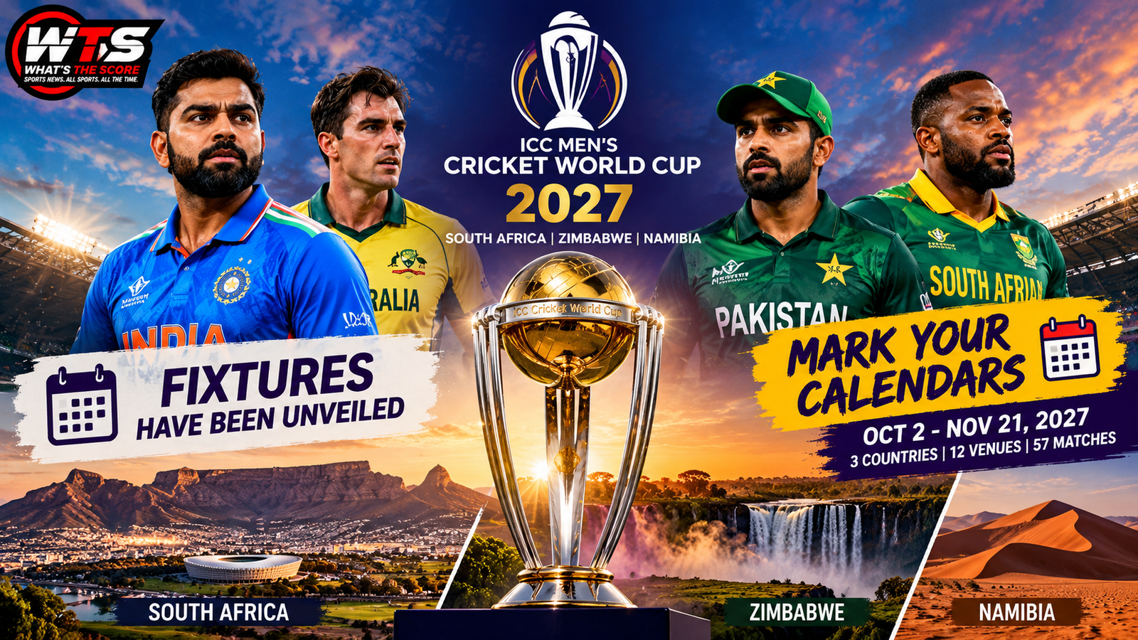 ICC Men’s Cricket World Cup 2027 schedule featuring fixtures across South Africa, Zimbabwe and Namibia from October 2 to November 21