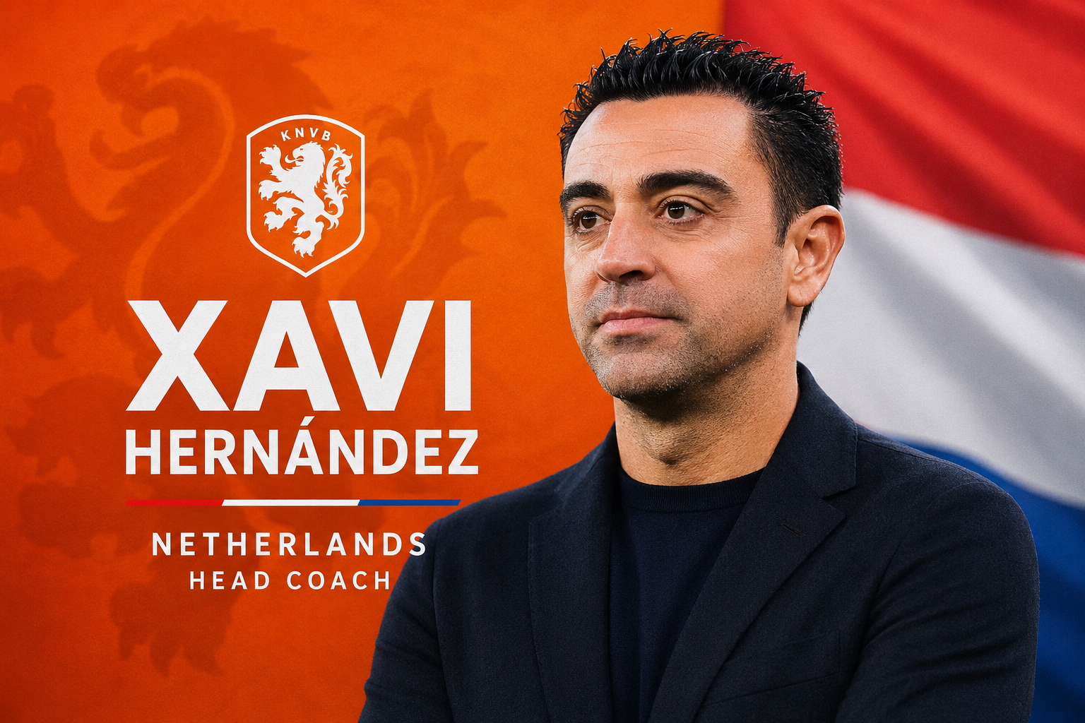 Xavi Hernández appointed Netherlands head coach, pictured in front of the Dutch flag with KNVB branding and an orange football-themed background.
